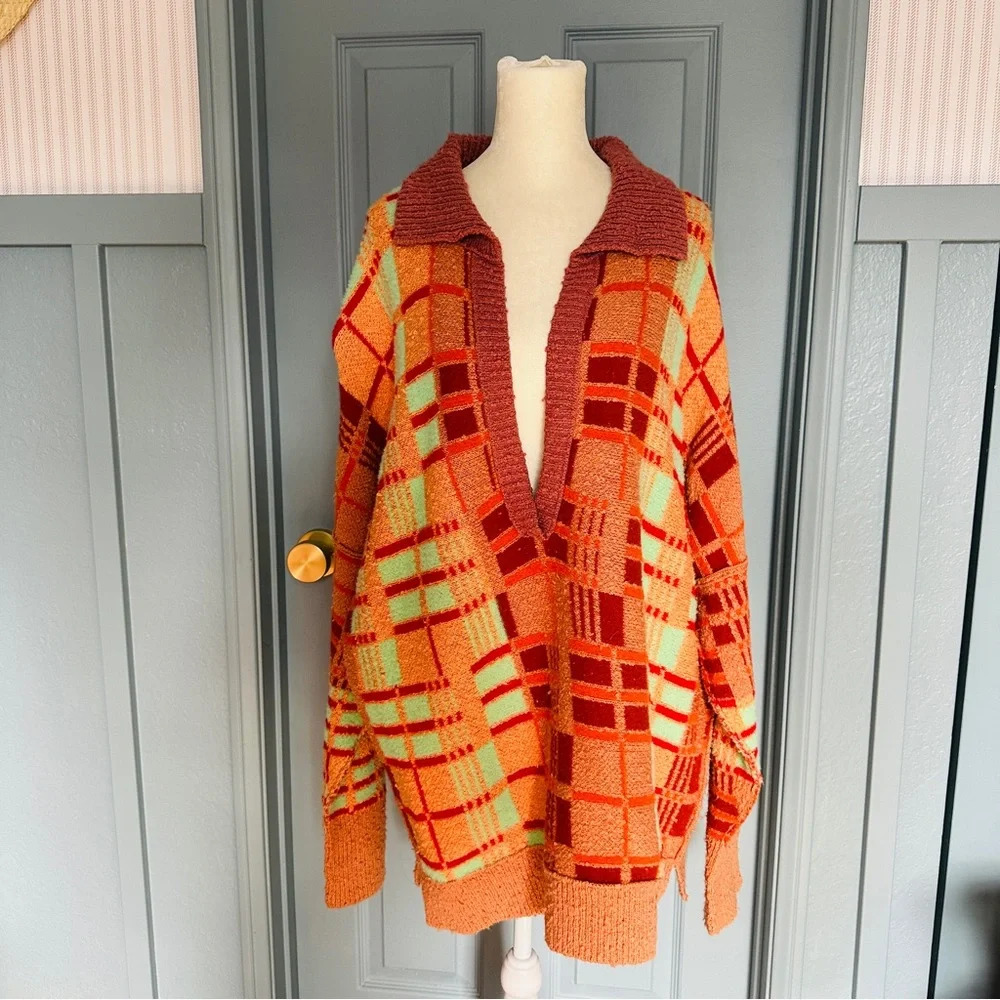 Like New Free People Ruben Oversized Pullover Sweater in Autumn Sunset Combo M - Picture 2 of 16